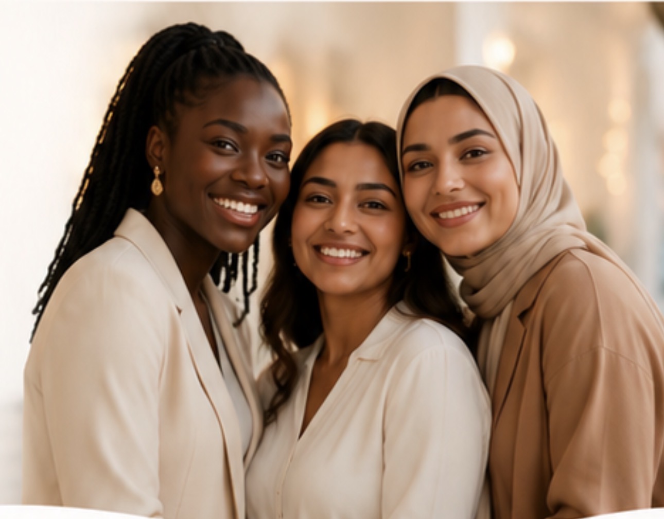 Diverse women of the global majority smiling together in a supportive sisterhood